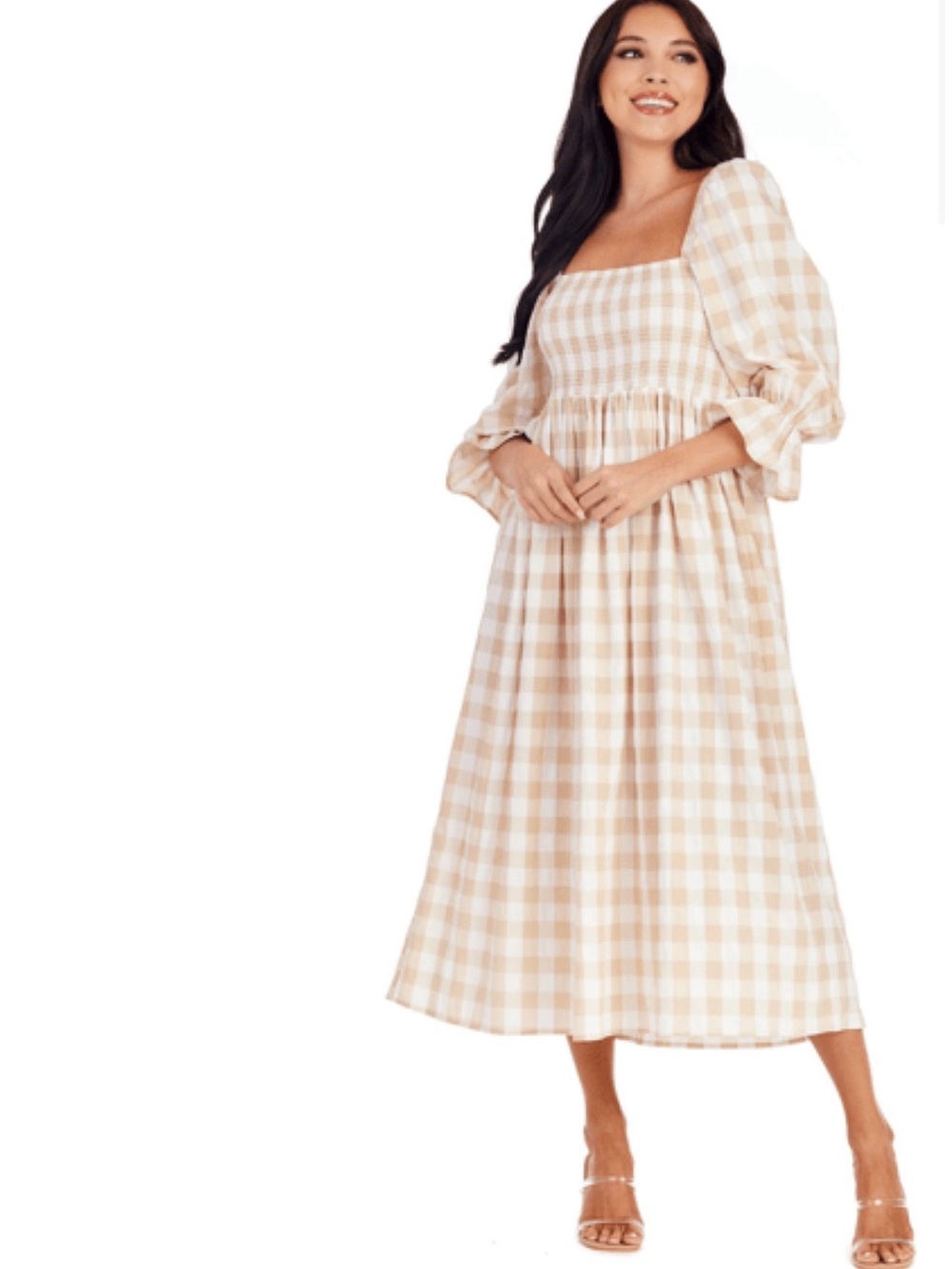 Mud Pie Beige and White Gingham Midi Dress with Square Neck